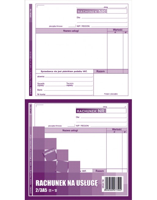 Druk RACHUNEK ZA USŁUGĘ 2/3 A5 1+1