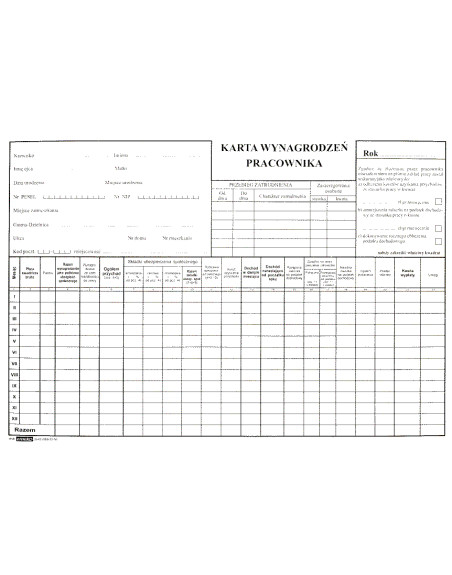 Druk KARTA WYNAGRODZEŃ PRACOWNIKA  A4 EMEKO 788